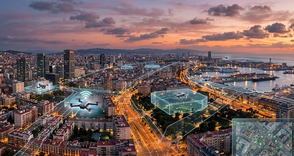Dron sobrevolando una ciudad al atardecer gestionado mediante el sistema U-Space de ENAIRE