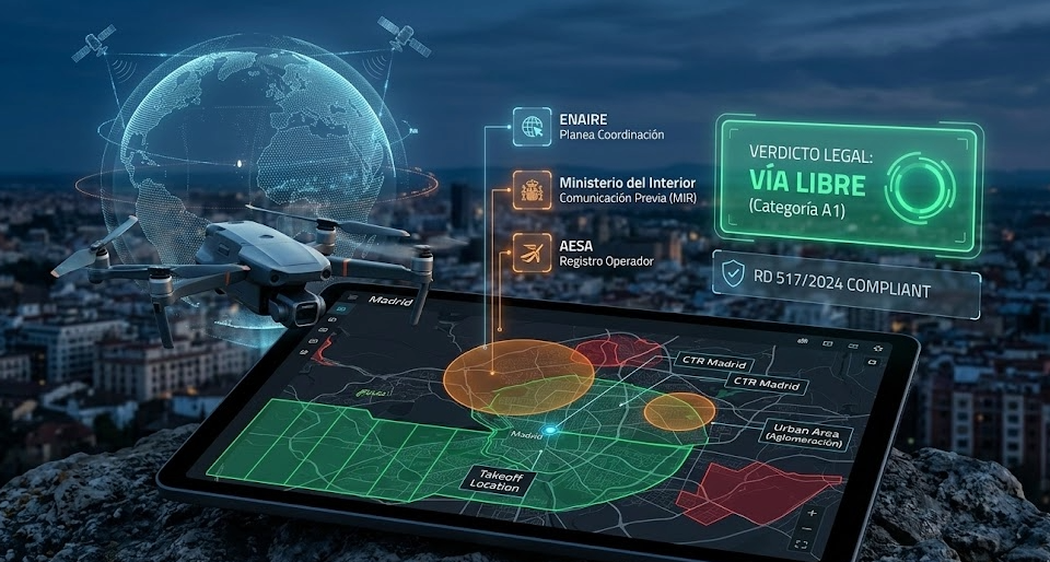 Piloto de drones comprobando los permisos de vuelo en el mapa interactivo del generador EARO de SSUAV