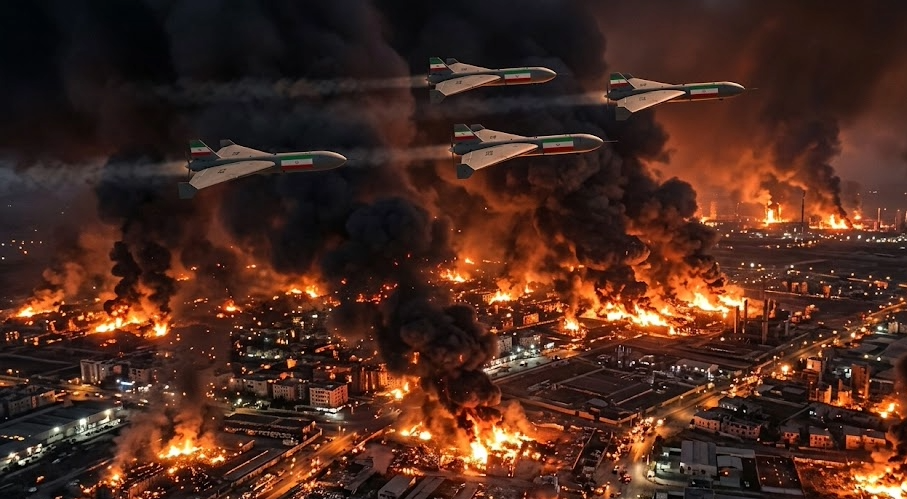 Dron militar tipo Shahed en vuelo táctico a baja altitud utilizado en la guerra moderna.
